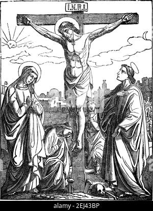 Gesù Cristo crocifisso muore sulla croce. Crocifissione. Disegno antico d'epoca. Bibbia, nuovo Testamento. Illustrazione Vettoriale