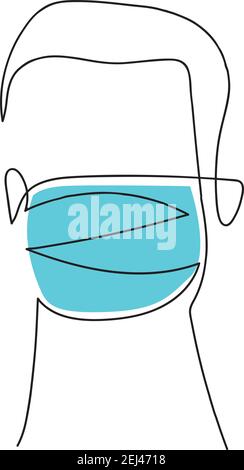 Maschera facciale indossata da un uomo. Respirare la maschera chirurgica sul viso. Maschere respiratorie di sicurezza da coronavirus pandemic Illustrazione Vettoriale