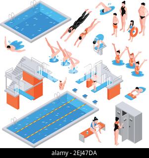 Piscina isometrica insieme di elementi di piscina isolati icone di pressori di attrezzature e nuotatori personaggi umani illustrazione vettoriale Illustrazione Vettoriale