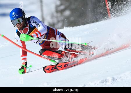 21 febbraio 2021; Cortina d'Ampezzo, Italia; FIS Alpine World Ski Championships 2021 Cortina Men's Slalom; Marco Schwarz (AUT) Foto Stock