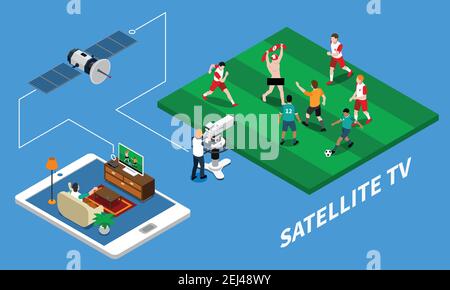 Composizione isometrica della tv satellitare per telecomunicazioni con streaming live del calcio corrispondenza su sfondo blu immagine vettoriale 3d Illustrazione Vettoriale