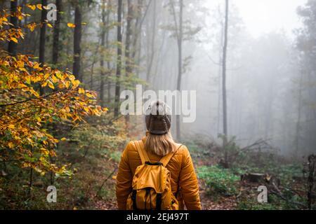 Donna con cappello a maglia e zaino trekking in bosco foggy. Tour a piedi sul sentiero nella foresta nebbiosa in autunno stagione Foto Stock