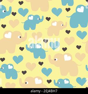 Pattern vettoriale senza cuciture con simpatici elefanti e cuore su sfondo giallo chiaro. Semplice disegno della carta da parati animale per i bambini. Moda tessile. Illustrazione Vettoriale