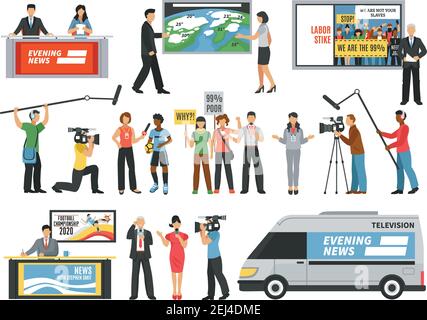 Insieme di icone con i giornalisti durante il rapporto in diretta, notizie tv, intervista, previsioni meteo isolato illustrazione vettoriale Illustrazione Vettoriale