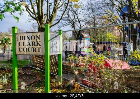 ISLINGTON, LONDRA, INGHILTERRA - 18 novembre 2021: Salvare i nostri manifestanti alberi a Dixon Clark Court, protestando contro la distruzione di sette 50 anni Foto Stock