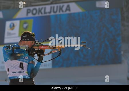 Pokljuka, Slovenia. 21 Feb 2021. Pokljuka, Slovenia, circuito di Biathlon, 21 febbraio 2021, DESTHIEUX Simon durante i Campionati del mondo IBU Biathlon - Men 15km Mass Start - Biathlon Credit: Marco Todaro/LPS/ZUMA Wire/Alamy Live News Foto Stock