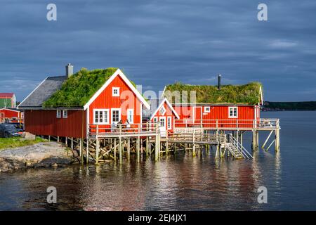 Tradizionali case in palafitte rosse, tipiche capanne di pescatori, Reine Lofoten, Nordland, Norvegia Foto Stock