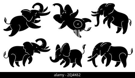 Set di silhouette nere di elefanti. Simpatici elefanti cartoni animati in diverse posizioni. Illustrazione vettoriale isolata su sfondo bianco. Illustrazione Vettoriale