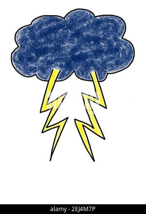 Illustrazione ingenua, disegno di bambino, nubi di tempesta cupe con i fulmini Foto Stock