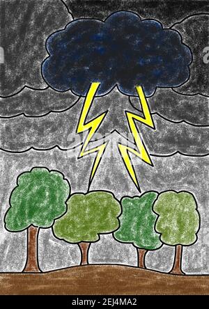 Illustrazione ingenua, disegno di bambino, nubi di tempesta cupe con fulmini su una foresta Foto Stock