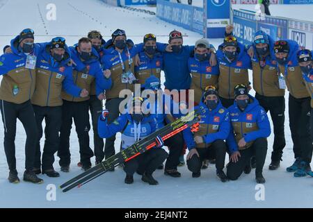 Pokljuka, Slovenia. 21 Feb 2021. Pokljuka, Slovenia, circuito di Biathlon, 21 febbraio 2021, Team Francia durante i Campionati del mondo IBU Biathlon - Men 15km Mass Start - Biathlon Credit: Marco Todaro/LPS/ZUMA Wire/Alamy Live News Foto Stock