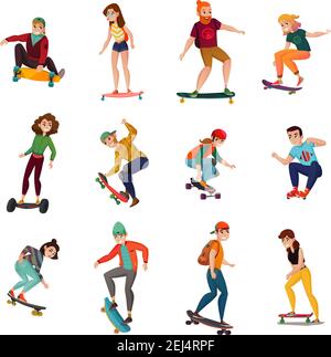 Rulli e skateboarders personaggi in varie posizioni di movimento le icone colorate isolate impostano l'illustrazione vettoriale piatta Illustrazione Vettoriale