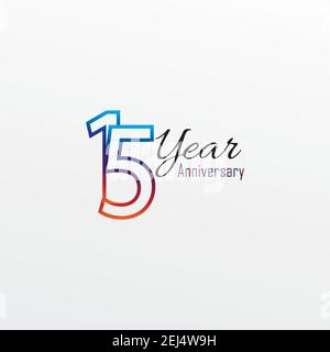 15 anni anniversario celebrazione blu colori comical Design logotipo. Anniversario logo isolato su sfondo bianco, vettore orizzontale numero disegno f Illustrazione Vettoriale