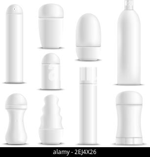 Deodoranti spray stick e roll-on tipi antitraspirante bianco mock-up illustrazione vettoriale isolata con set realistico Illustrazione Vettoriale