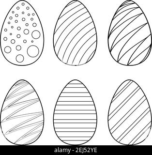 Disegnato a mano. Adulti, bambini. Bianco e nero. Insieme vettoriale di illustrazione uova di Pasqua. Profilo in stile nero isolato su sfondo bianco con diversi motivi per biglietto d'auguri, libro da colorare Illustrazione Vettoriale