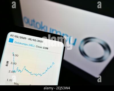 Telefono cellulare con sito web e grafico dei prezzi azionari del produttore finlandese di acciaio Outokumpu Oyj sullo schermo davanti al logo. Mettere a fuoco il centro del display del telefono. Foto Stock