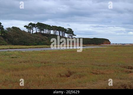 Il fiume marrone e tortuoso Otter scorre attraverso la pianura alluvionale e la riserva naturale di Budleigh Salterton, Devon, prima di entrare nel mare. Foto Stock