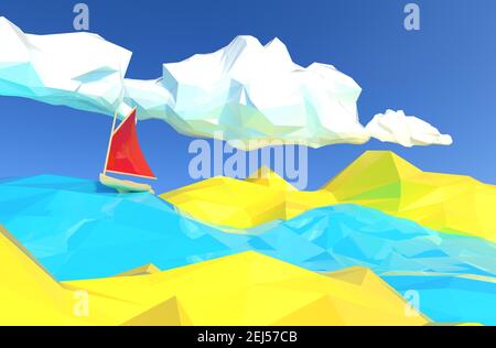 Lowpoly 3d rappresentazione grafica di barca con tela rossa vela in oceano con isole gialle. Foto Stock