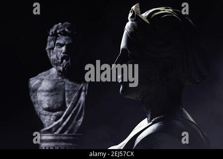 rappresentazione in 3d di antiche sculture di divinità greche femminili e maschili su sfondo scuro. Foto Stock