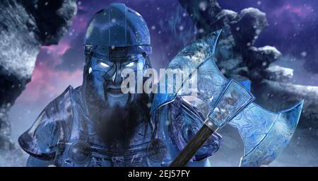 Fantasy 3d rappresentazione illustrazione di ghiaccio viking demigod tenendo forte ascia fatto di ghiaccio su sfondo montagne invernali. Foto Stock