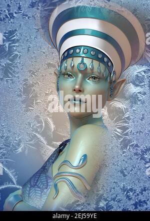 grafica computerizzata 3d di lady con headdress con un wintry sfondo Foto Stock