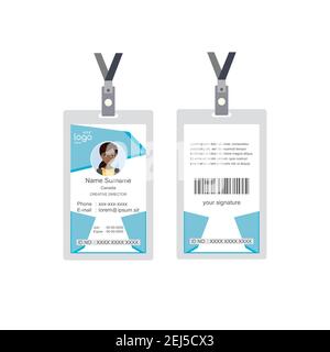 Badge o scheda id in plastica e laminato, vista frontale e posteriore, isolato su sfondo bianco, modello piatto, illustrazione vettoriale Illustrazione Vettoriale