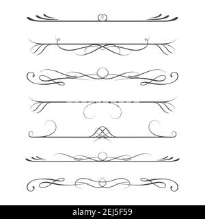Set di elementi di progettazione calligrafica - divisori, oggetti di decorazione a linee sottili, isolati su sfondo bianco, illustrazione vettoriale. Illustrazione Vettoriale