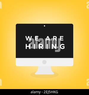 Stiamo assumendo. Computer desktop con messaggio a schermo. Concetto di assunzione. Illustrazione vettoriale, design piatto Illustrazione Vettoriale