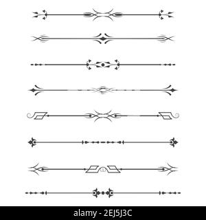 Set di elementi di progettazione calligrafica - divisori, oggetti di decorazione a linee sottili, isolati su sfondo bianco, illustrazione vettoriale. Illustrazione Vettoriale