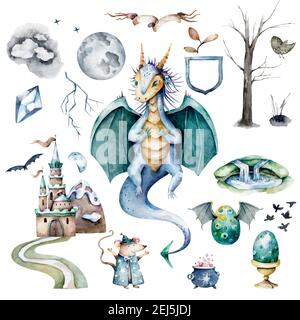 Drago carino dorato e verde. Cartoni animati ad acquerello disegnati a mano su sfondo bianco Foto Stock