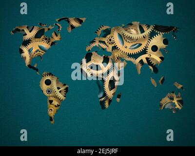 Mappa astratta del mondo fatta da dentini di carta blu ritagliati e. ingranaggi sullo sfondo Foto Stock