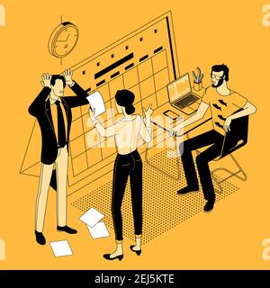 Stress in ufficio. Lavoro di punta. Concetto vettoriale isometrico della progettazione piatta della scadenza. Organizzazione del flusso di lavoro. Gestione del tempo, tempo effettivo, tempo Illustrazione Vettoriale