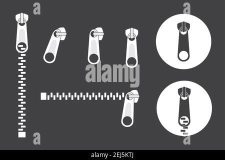 Set di icone a cerniera.chiusura lampo.fissaggio.illustrazione vettoriale piatta Illustrazione Vettoriale