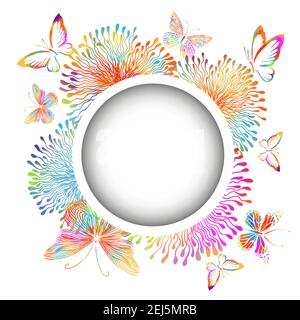 Cornice rotonda multicolore di fiori e farfalle. Illustrazione vettoriale Illustrazione Vettoriale