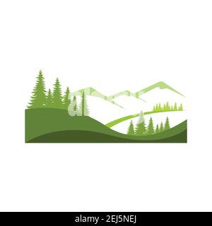 Paesaggio montagna pino albero disegno esterno logo immagine vettoriale. Design con logo Mountain e Pine Tree. Illustrazione vettoriale Illustrazione Vettoriale