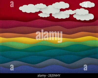 Origami carta ondate con nuvole. Carta stagcape stile arte. Foto Stock