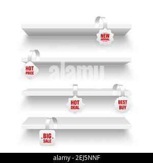 Scaffali del negozio e supermercati promozionali wobblers isolati su sfondo bianco. Scaffale con wobbler pubblicitario. Scaffale da parete per alimentari. Vendita o. Illustrazione Vettoriale