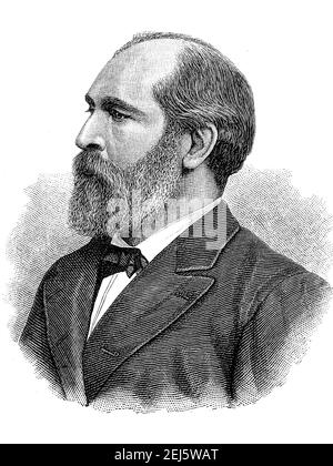 James Abram Garfield, 19 novembre 1831 - 19 settembre 1881, è stato un politico, partito e il 20 ° presidente degli Stati Uniti dal 4 marzo 1881 fino alla sua morte come risultato di un tentativo di assassinio / James Abram Garfield, 19. Novembre 1831 - 19. Settembre 1881, guerra in US-amerikanischer Politiker, Partei, und vom 4. Maerz 1881 bis zu seinem Tod infolge eines Attentats der 20. Praesident der Vereinigten Staaten, Historisch, storico, digitale riproduzione migliorata di un originale del 19 ° secolo / digitale Reproduktion einer Originalvorlage aus dem 19. Jahrhundert, Foto Stock