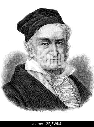 Johann Carl Friedrich Gauss, Carolus Fridericus Gauss, 30 aprile 1777 – 30 febbraio 1855, è stato un matematico, statistico, astronomo, geodesista e fisico tedesco, Johann Carl Friedrich Gauss, Carolus Fridericus Gauss, 23. Aprile 1777 - 23. Febbraio 1855, War ein deutscher Mathematiker, Statistiker, Astronom, Geodaet und Physiker, Historisch, Storico, digitale riproduzione migliorata di un originale del 19 ° secolo / digitale Reproduktion einer Originalvollage aus dem 19. Jahrhundert, Foto Stock