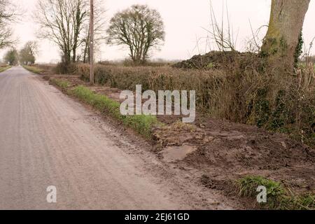 Febbraio 2021 - nuovi canali tagliano attraverso la chiatta per permettere all'acqua di drenare fuori dall'autostrada nei fossi a bordo strada, vicino a Burtle Somerset, Regno Unito Foto Stock