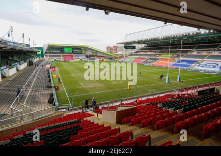 Vista generale del Mattioli Woods Welford Road Stadium prima di una partita di rugby Union del Gallagher Premiership Round 10, venerdì 20 febbraio 2021, a Leice Foto Stock