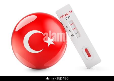 Test diagnostico per il coronavirus in Turchia. Test anticorpale COVID-19 con bandiera turca, rendering 3D isolato su sfondo bianco Foto Stock