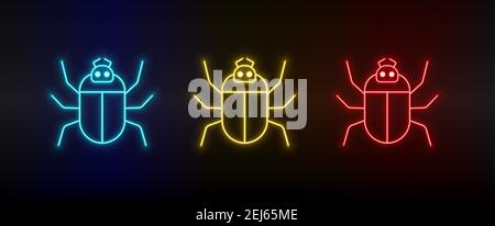 Icona neon Imposta computer bug. Set di icone vettoriali al neon rosse, blu e gialle Illustrazione Vettoriale