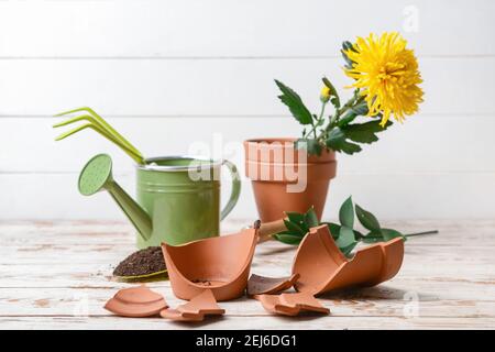 Vaso di fiori rotto e attrezzi di giardinaggio su tavola di legno Foto Stock