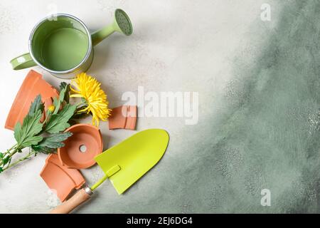 Vaso di fiori rotto e attrezzi di giardinaggio su sfondo di colore Foto Stock