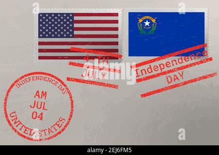 Busta francobollo con bandiera Nevada e USA e francobolli 4 luglio, vettore Illustrazione Vettoriale