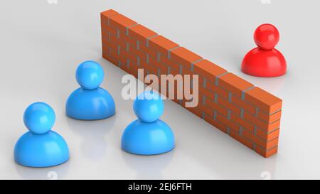 Malinteso tra uomini d'affari, conflitto. Uomini d'affari e un muro di mattoni tra loro. rendering 3d. Foto Stock