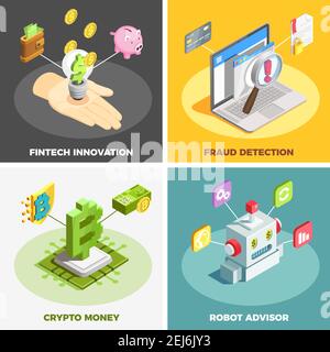 Tecnologia finanziaria 2x2 concetto di progettazione insieme di fintech innovazione frode rilevamento cripto money robot advisor composizioni quadrate vettore isometrico illu Illustrazione Vettoriale