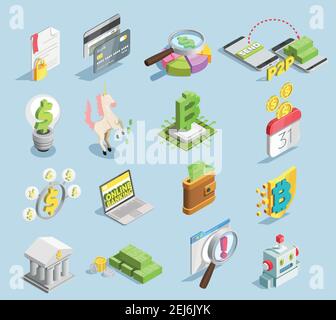 Tecnologia finanziaria insieme isometrico con online banking carta di credito stack di banconote bitcoin minerario icone decorative isolato vettore illustrazione Illustrazione Vettoriale