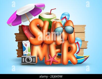 Design del concetto vettoriale estivo. E 'estate tempo 3d testo per vacanze di stagione tropicale con elementi spiaggia come sole, struttura in legno, floater. Illustrazione Vettoriale